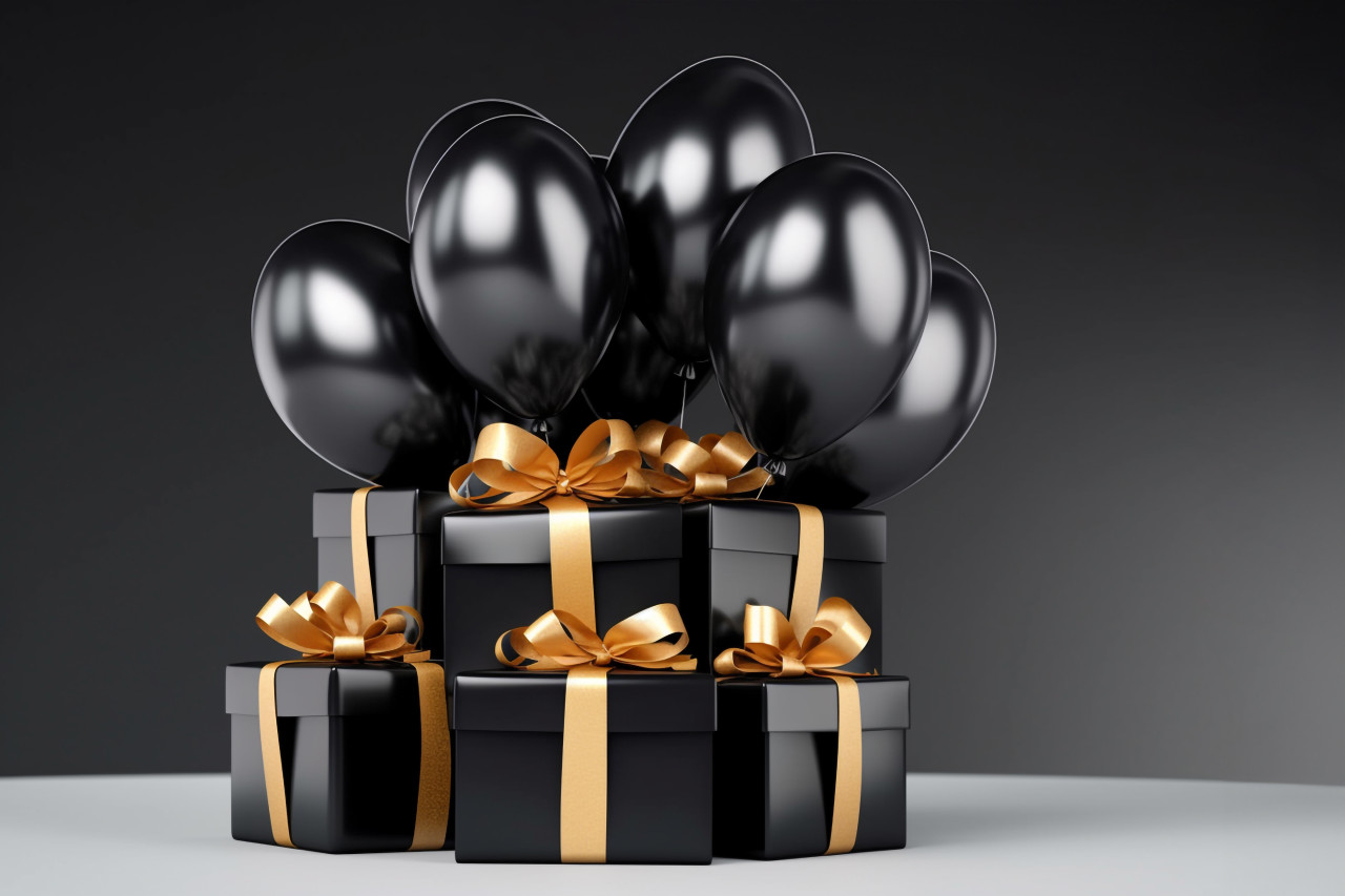 A group of black balloons is tied together and placed next to a gift box on a gray background, black friday sale