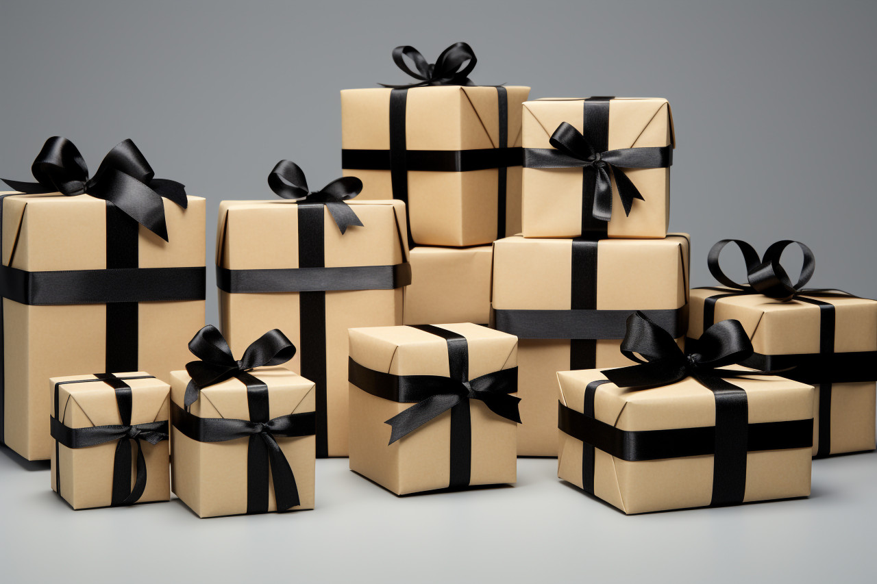 Black ribboned cardboard gift boxes on a gray background, black friday image