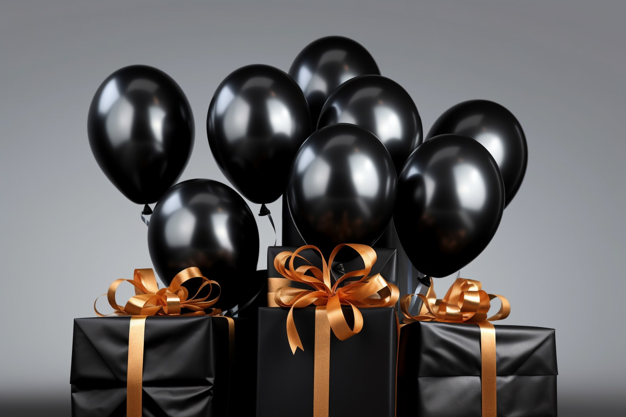 A group of black balloons is tied together and placed next to a gift box on a gray background, black friday sale
