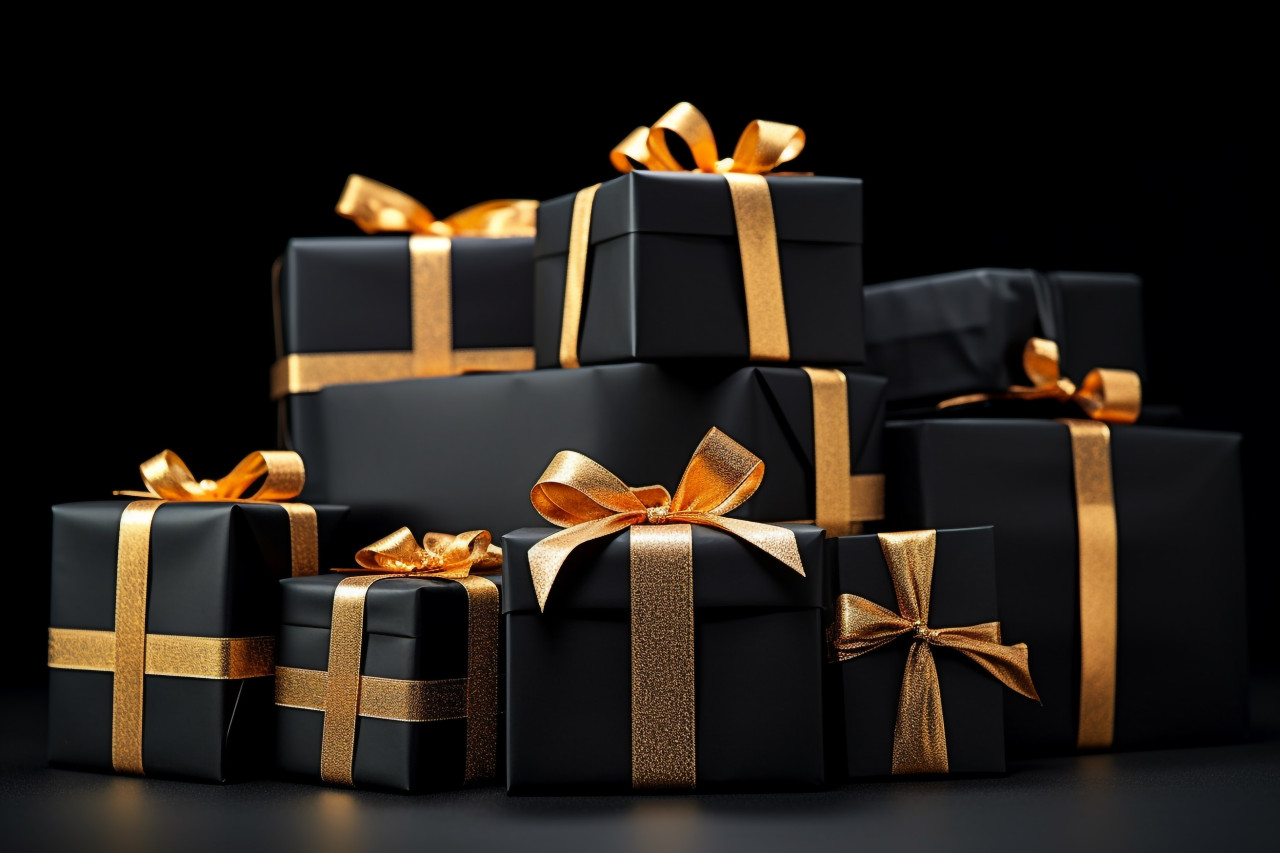 Black gift boxes with black ribbons are arranged on a black background, black friday sale