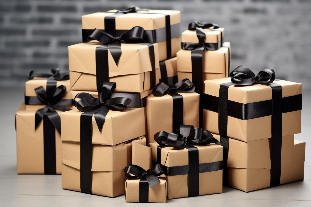 Black ribboned cardboard gift boxes on a gray background, black friday image