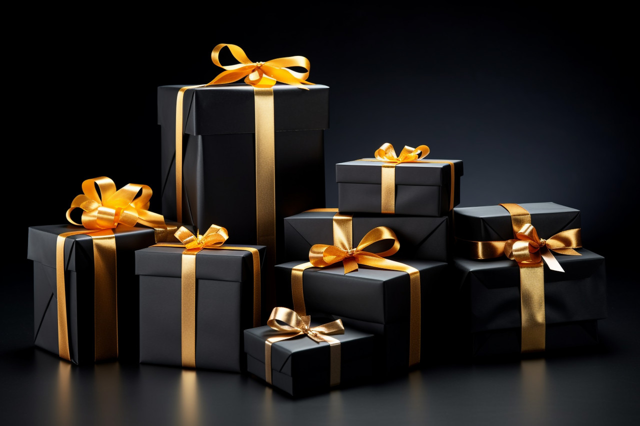 Black gift boxes with black ribbons are arranged on a black background, black friday sale