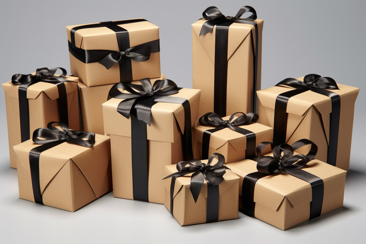 Black ribboned cardboard gift boxes on a gray background, black friday image