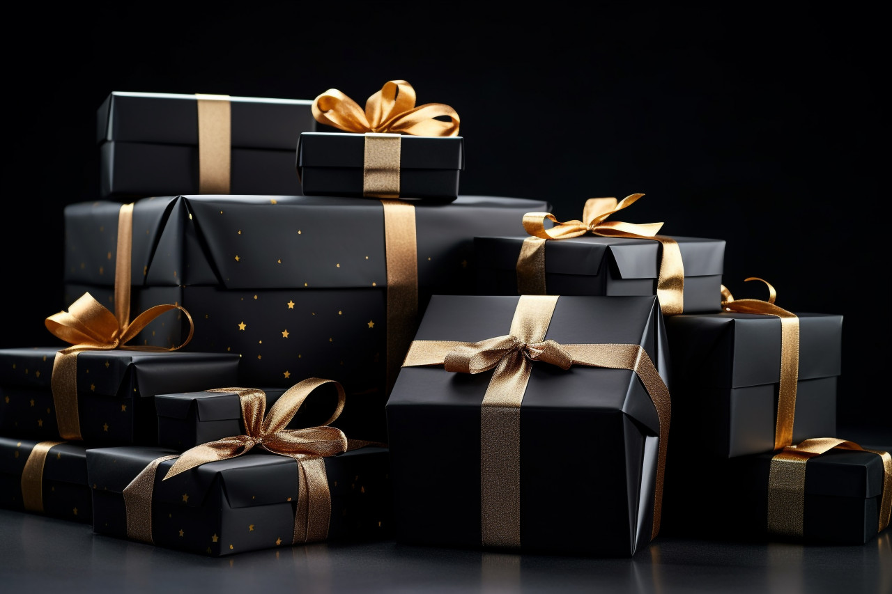 Black gift boxes with black ribbons are arranged on a black background, black friday image