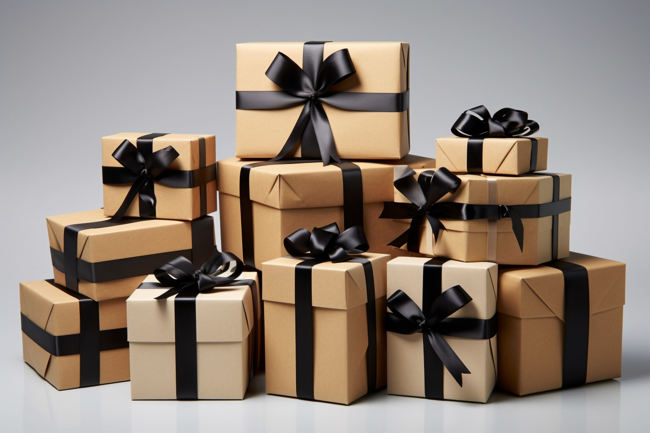 Black ribboned cardboard gift boxes on a gray background, black friday image