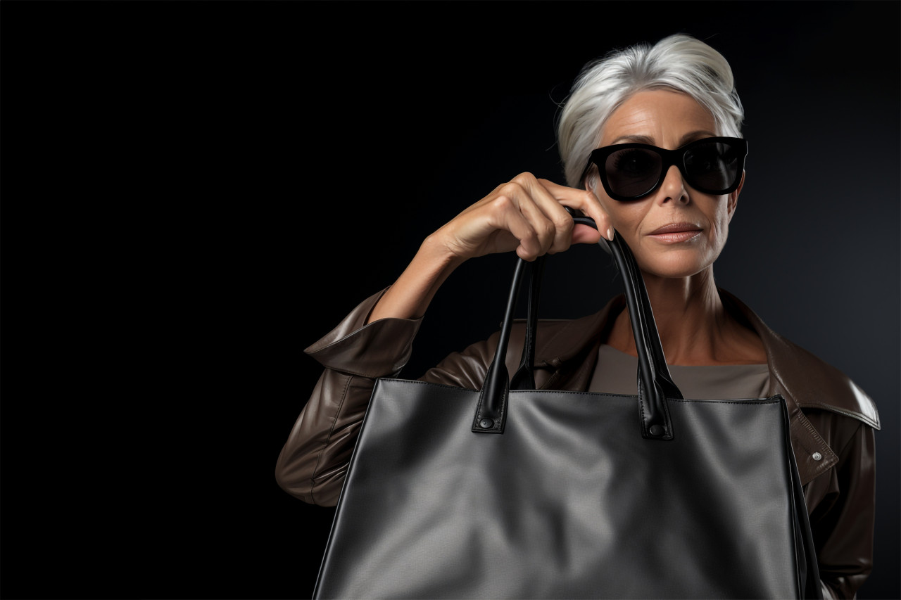 Woman with grey bag on black background on black friday, black friday image