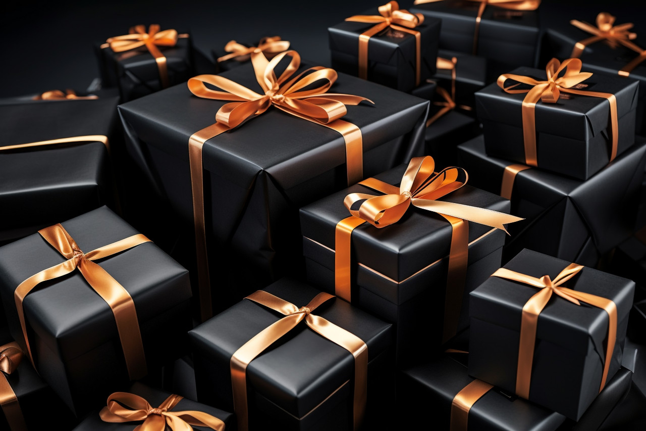 Black friday is a shopping day when stores sell gifts in black boxes with ribbons, black friday image