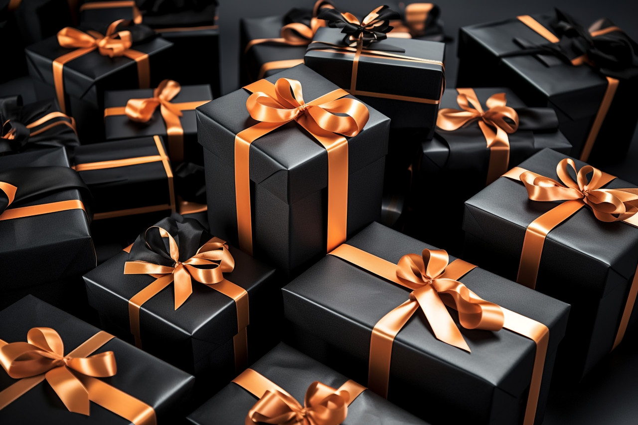 Black friday is a shopping day when stores sell gifts in black boxes with ribbons, black friday image