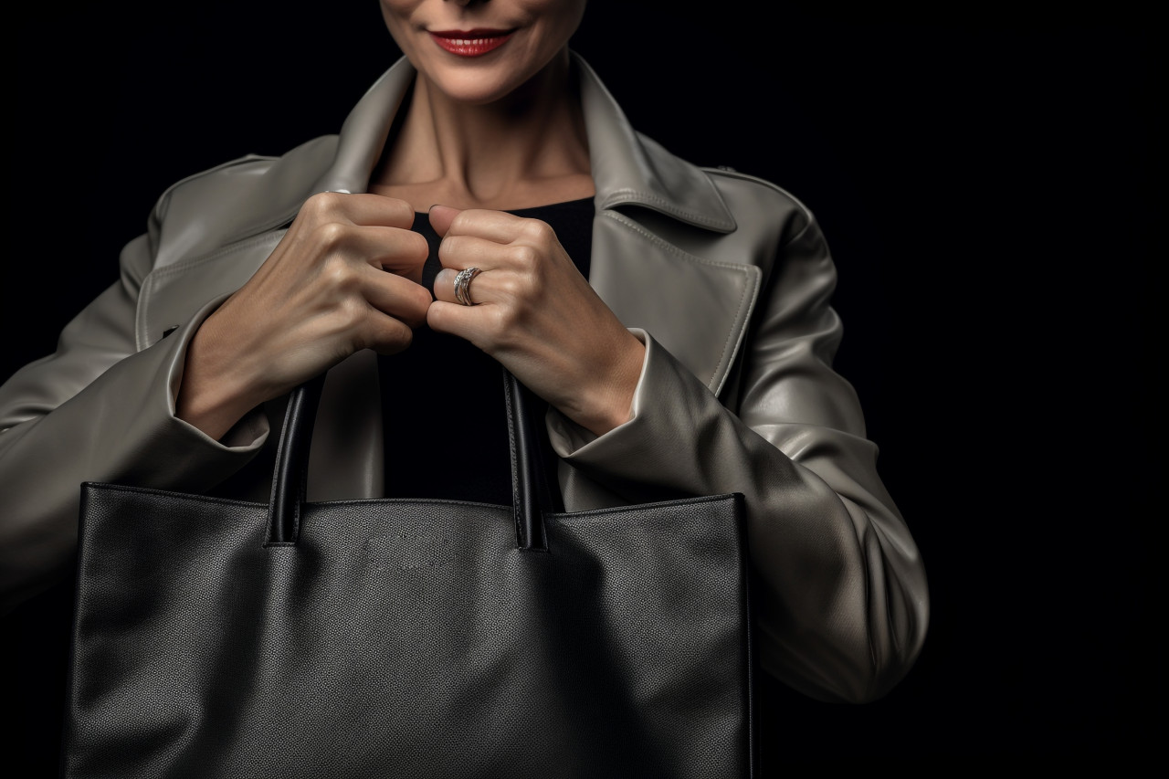 Woman with grey bag on black background on black friday, black friday image