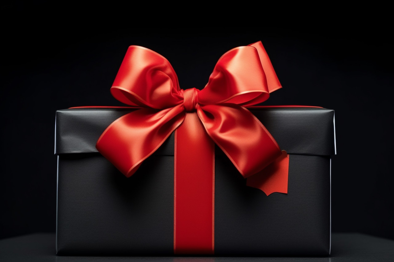 A black gift box with a red bow ribbon sits in a shopping cart photographed in a black studio, black friday image