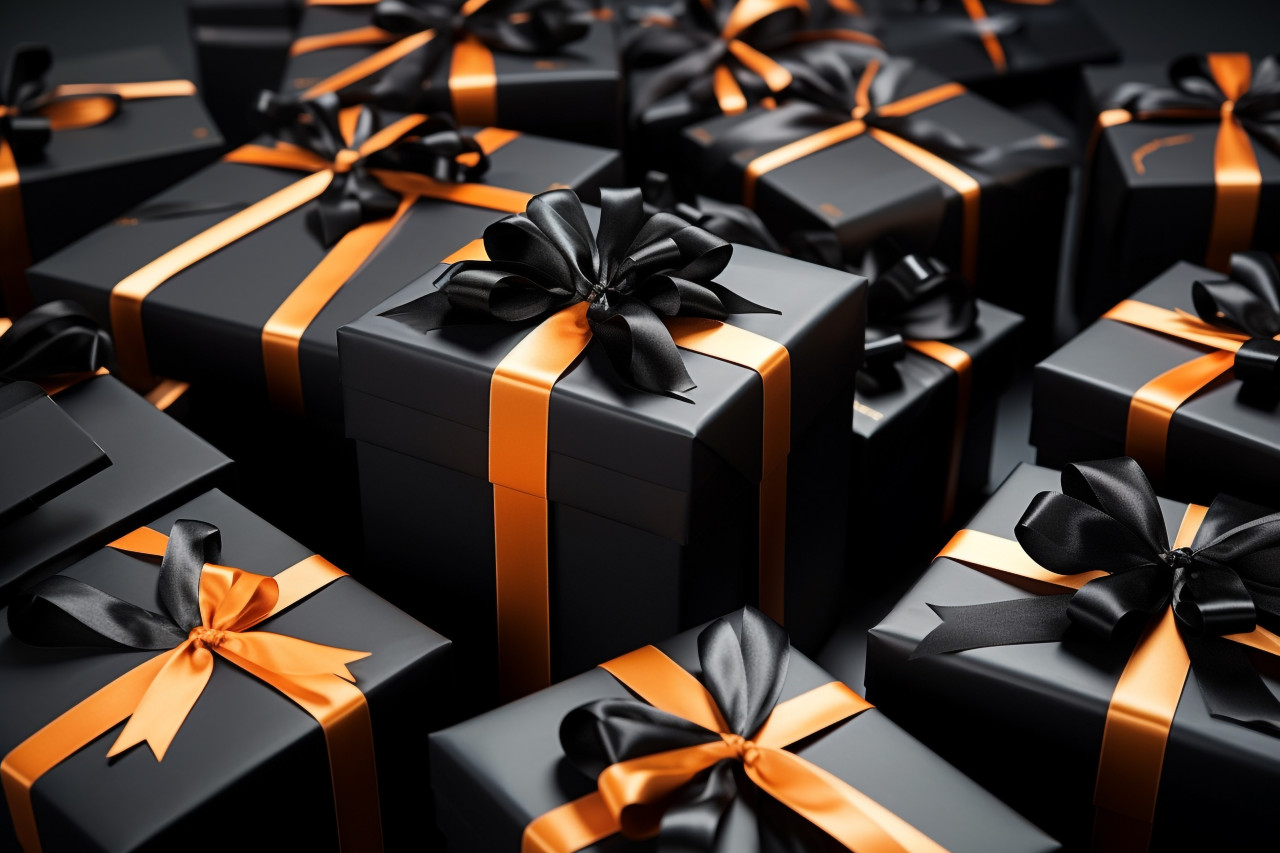 Black friday is a shopping day when stores sell gifts in black boxes with ribbons, black friday image