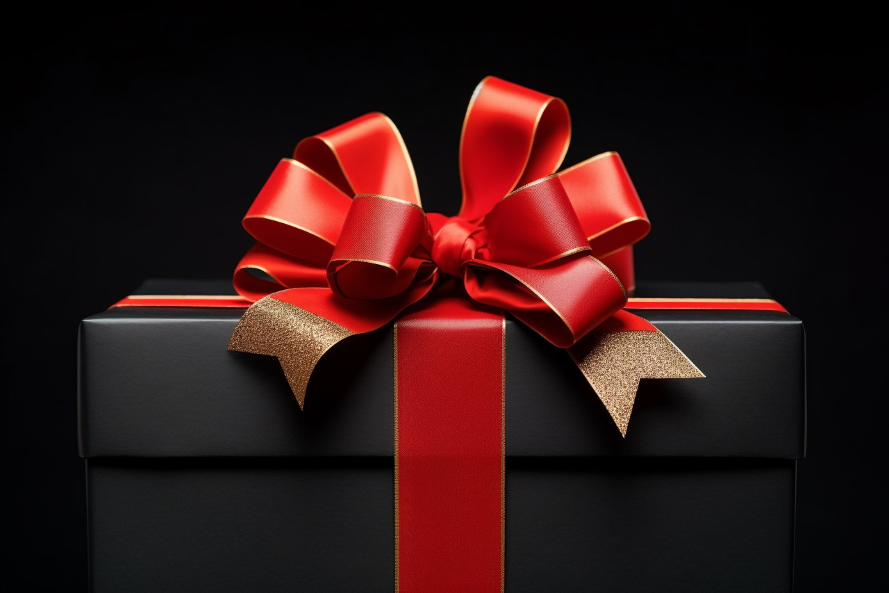 A black gift box with a red bow ribbon sits in a shopping cart photographed in a black studio, black friday image