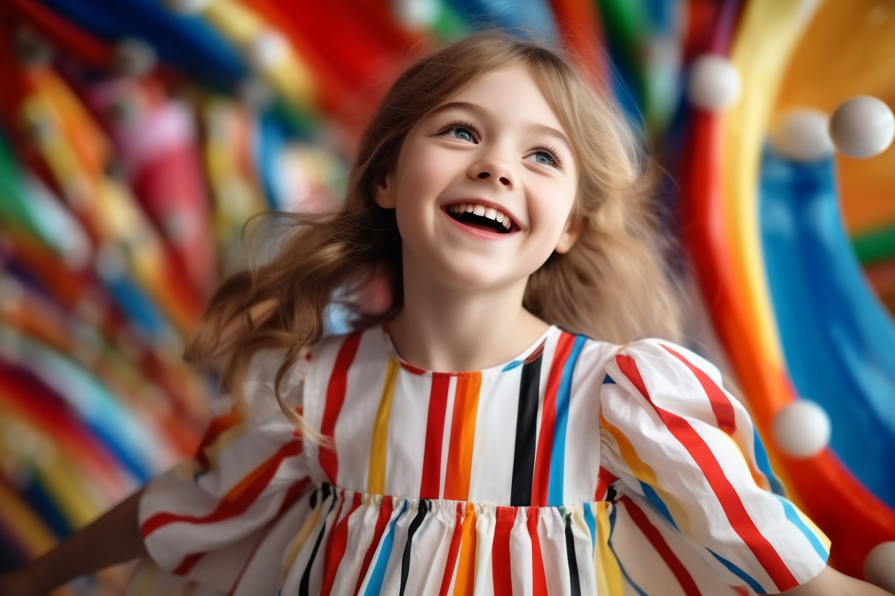 A picture of a cute girl in a long striped dress having fun at a festival in an amusement park