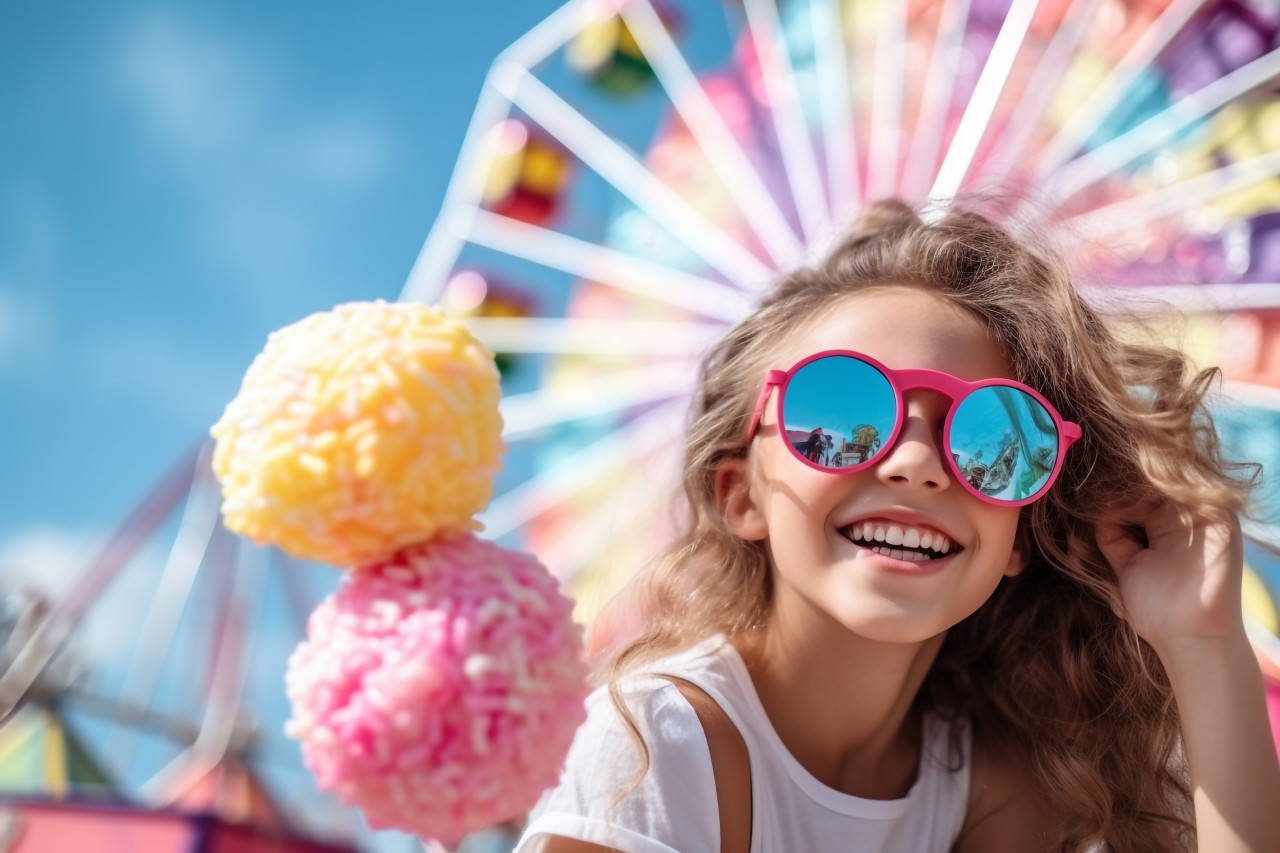 A photo of a young girl eating cotton candy at an amusement park in the summer while wearing sunglasses