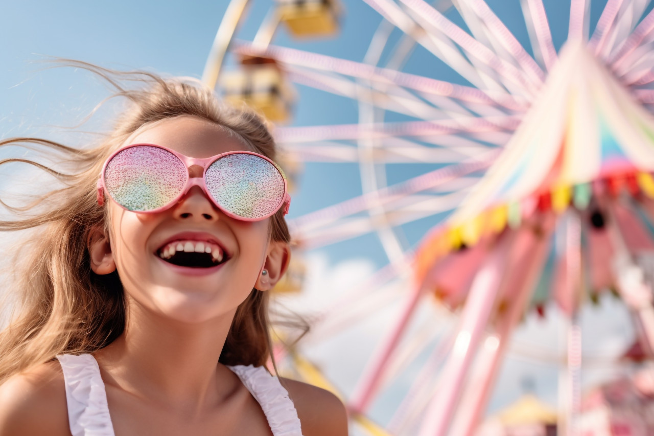 A photo of a young girl eating cotton candy at an amusement park in the summer while wearing sunglasses