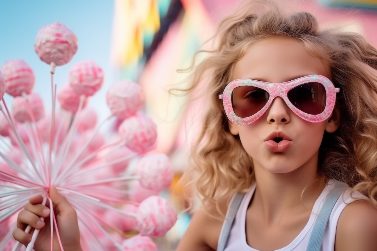 A photo of a young girl eating cotton candy at an amusement park in the summer while wearing sunglasses