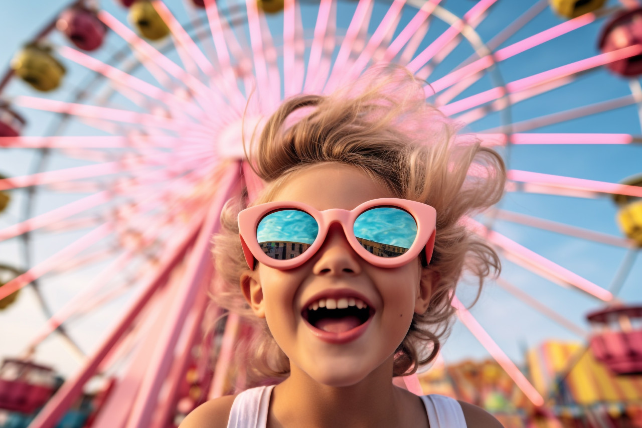 A photo of a young girl eating cotton candy at an amusement park in the summer while wearing sunglasses