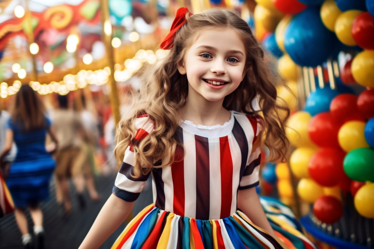 A picture of a cute girl in a long striped dress having fun at a festival in an amusement park