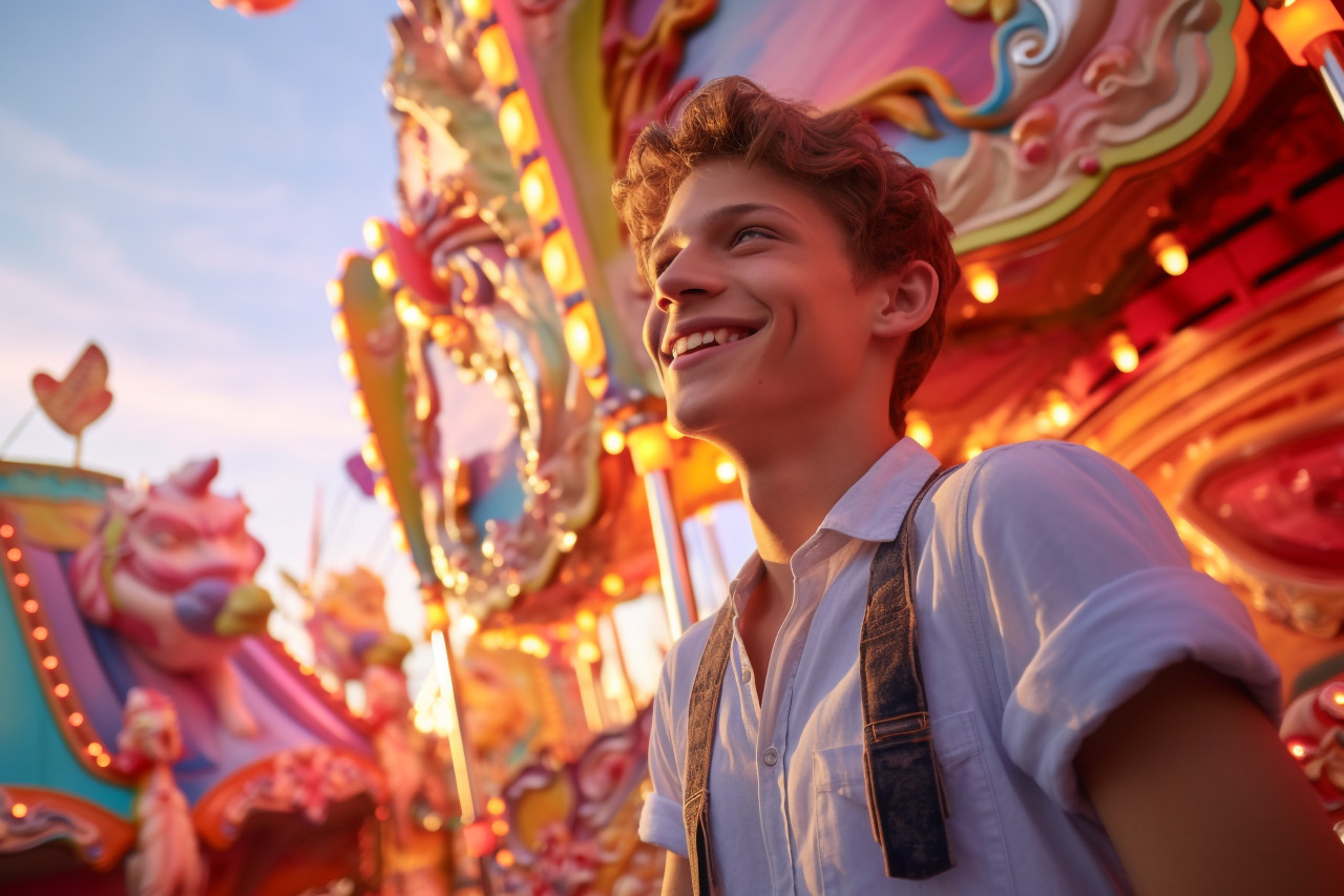 A picture of a young man at a fun amusement park with lots of colors at sunset