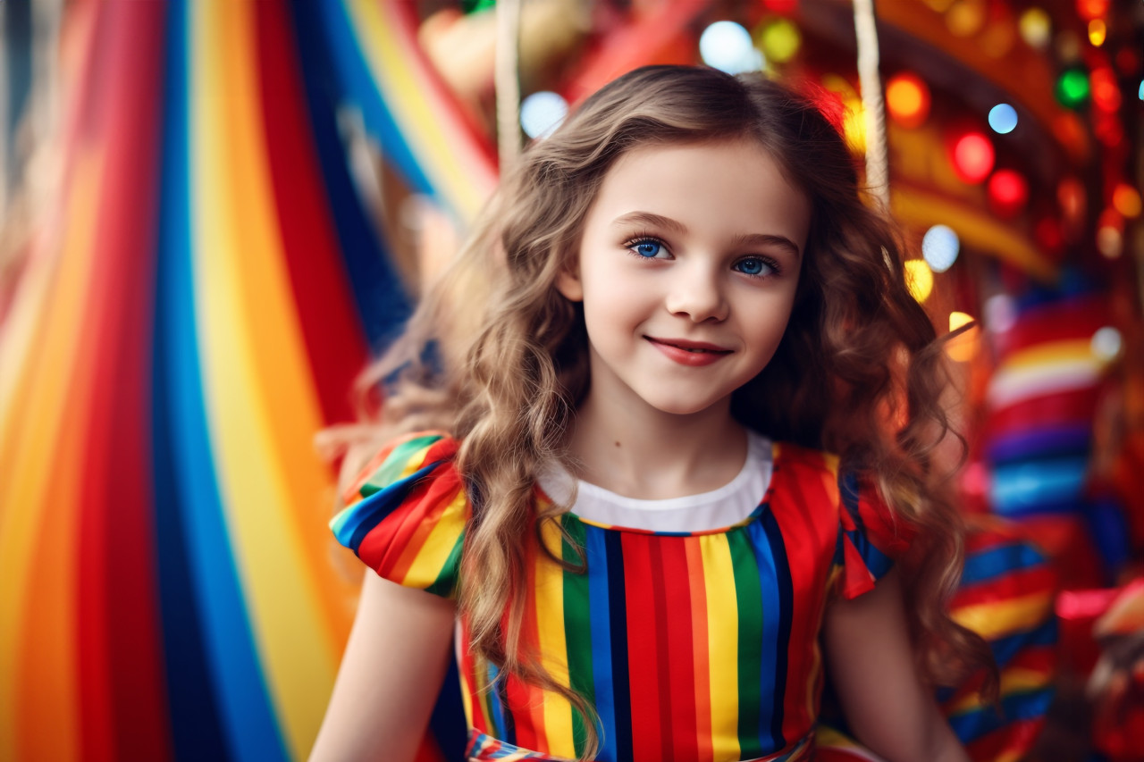 A picture of a cute girl in a long striped dress having fun at a festival in an amusement park