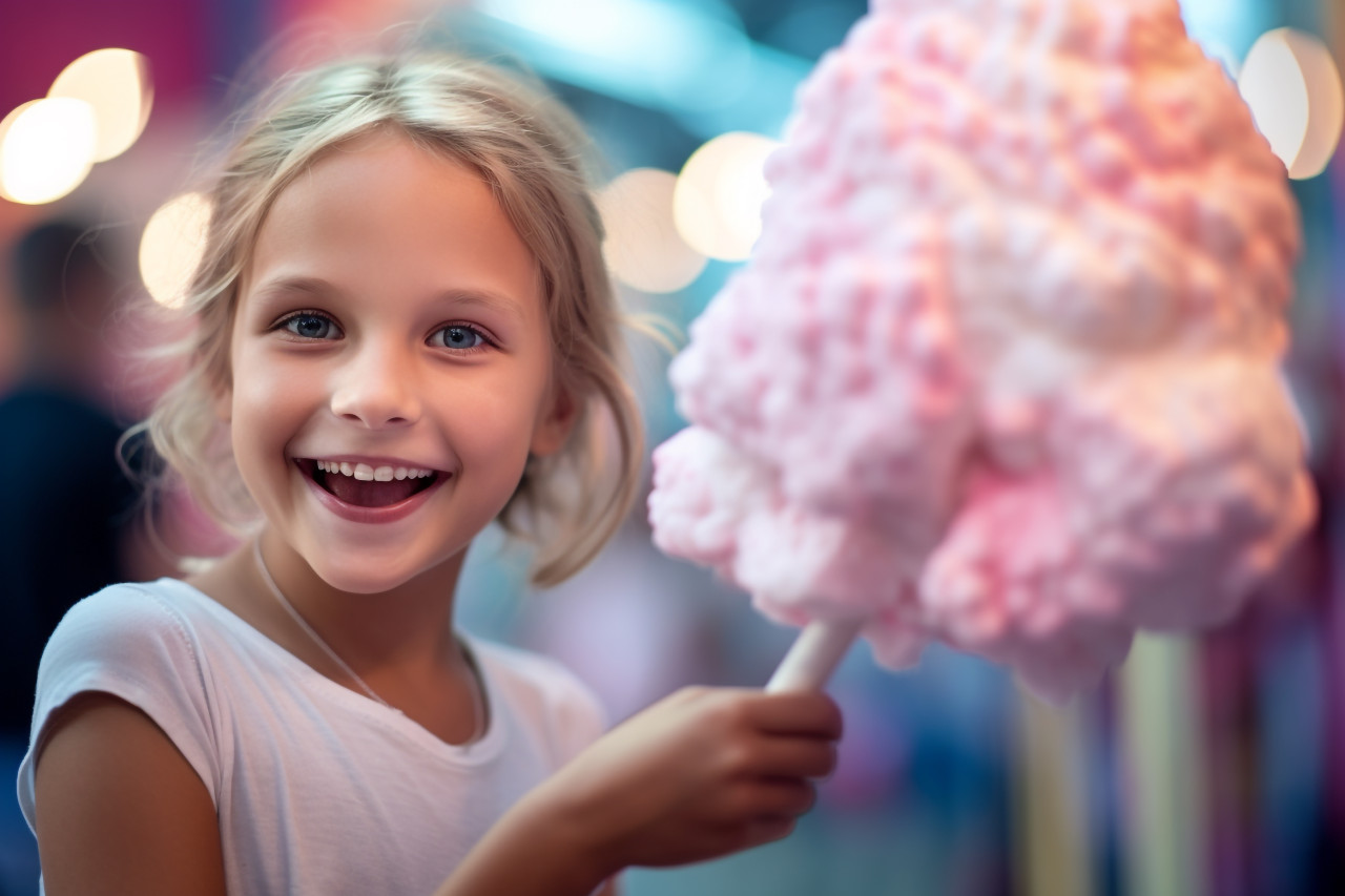 Picture of a happy young girl eating a giant fluff of cotton candy at a fun park in the summer