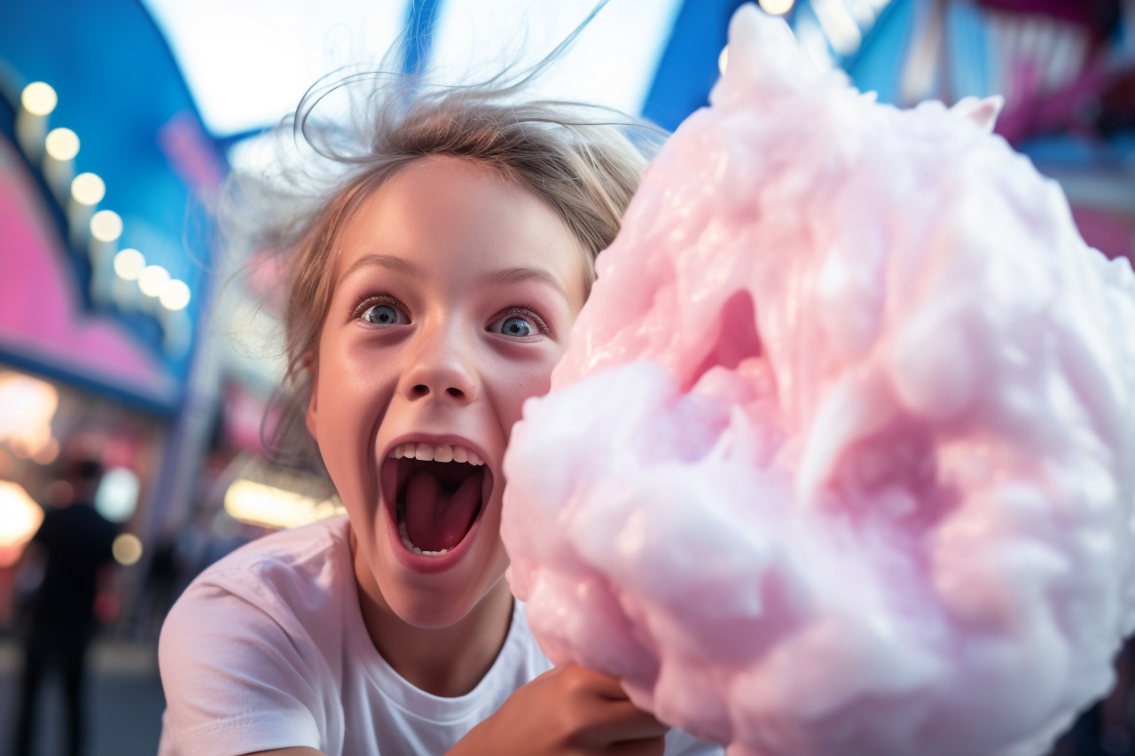 Picture of a happy young girl eating a giant fluff of cotton candy at a fun park in the summer