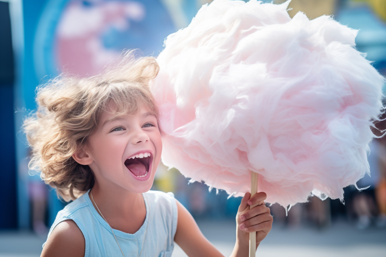 Picture of a happy young girl eating a giant fluff of cotton candy at a fun park in the summer