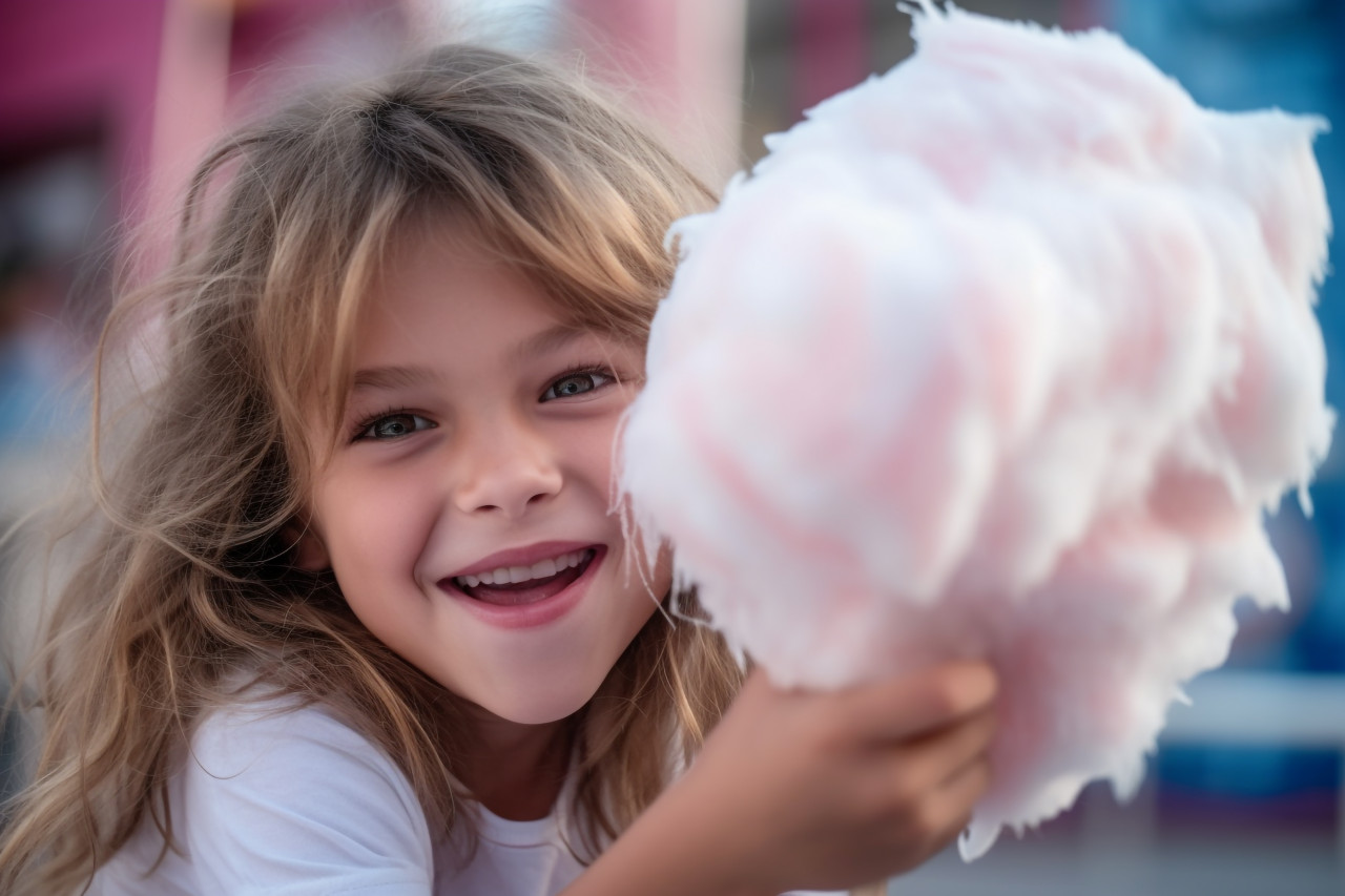 Picture of a happy young girl eating a giant fluff of cotton candy at a fun park in the summer