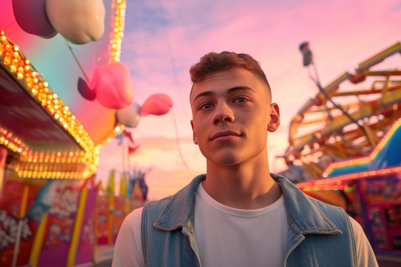 A picture of a young man at a fun amusement park with lots of colors at sunset