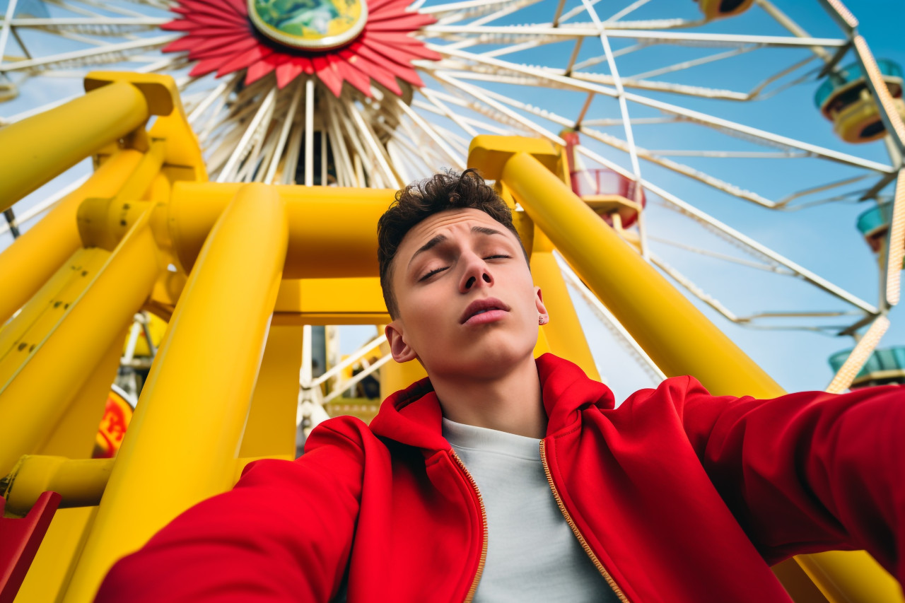 A photo of a young man feeling down taking a selfie on a ferris wheel at an amusement park