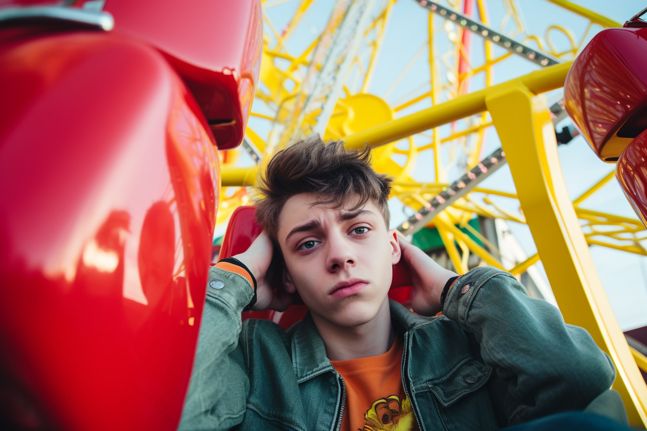 A photo of a young man feeling down taking a selfie on a ferris wheel at an amusement park