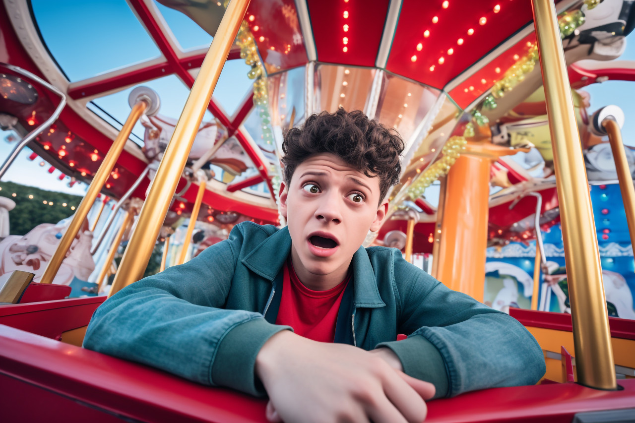 A photo of a young man feeling down taking a selfie on a ferris wheel at an amusement park