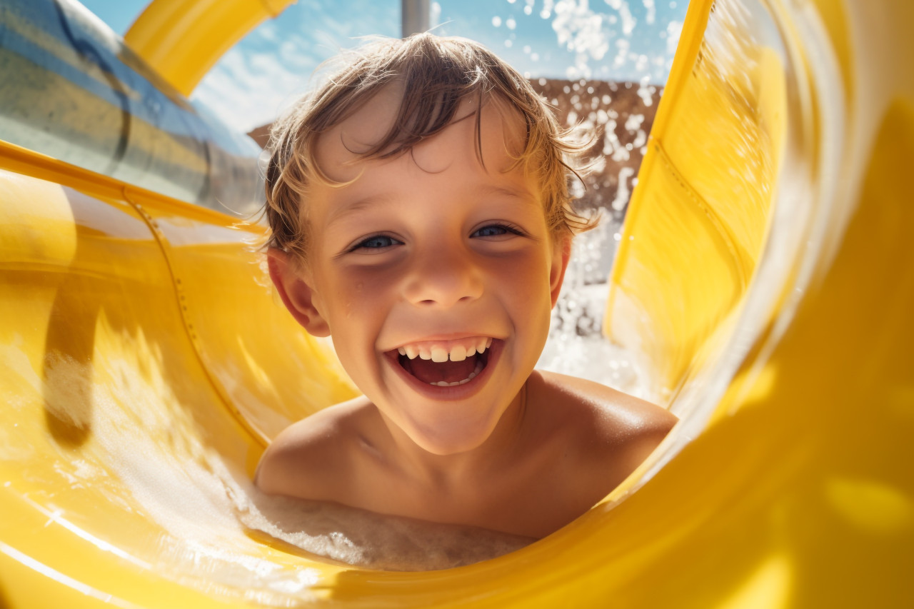 A picture of a happy child sliding down a bright yellow tunnel slide into a pool of clear blue water making big splashes