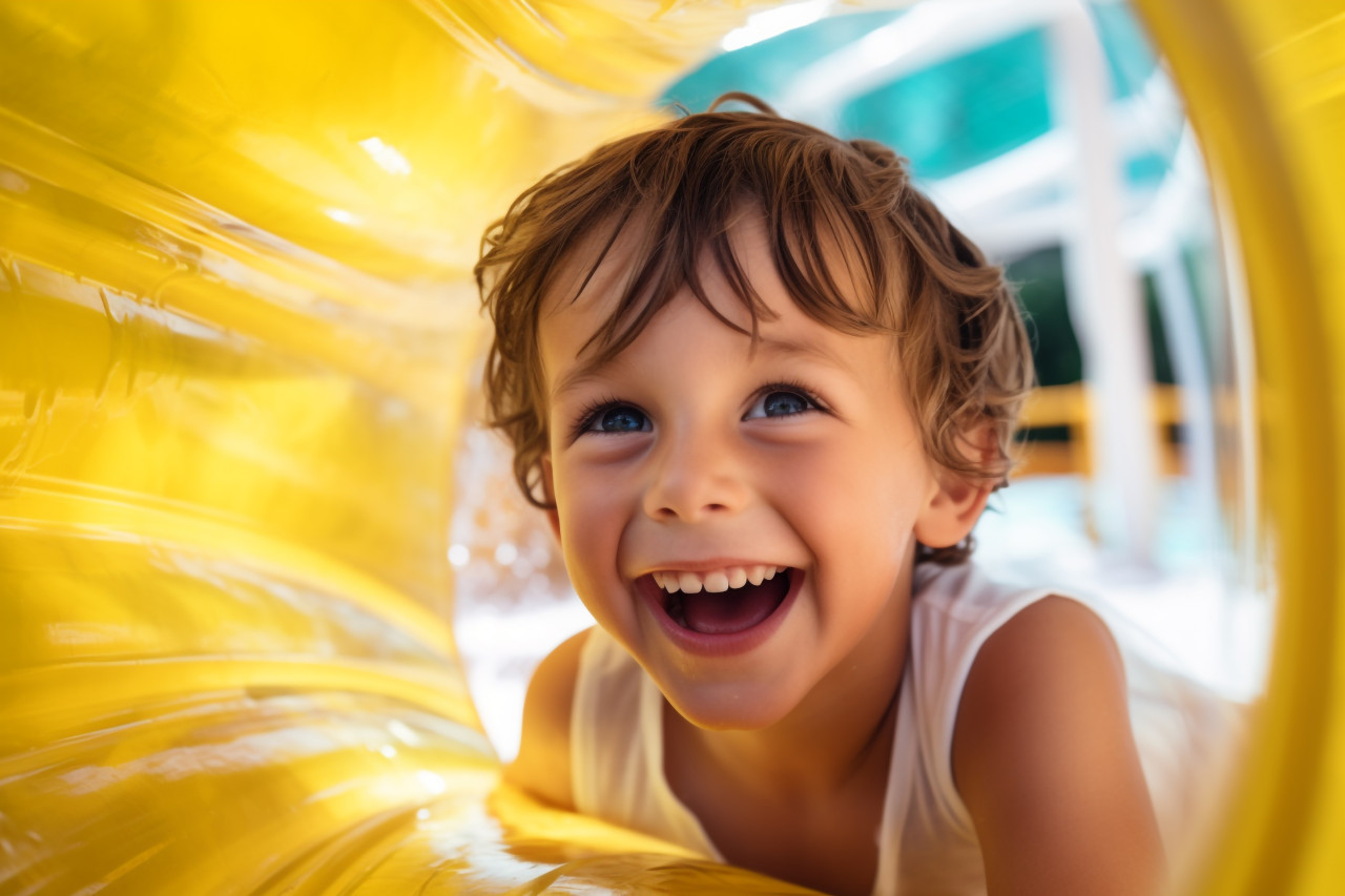 A picture of a happy child sliding down a bright yellow tunnel slide into a pool of clear blue water making big splashes