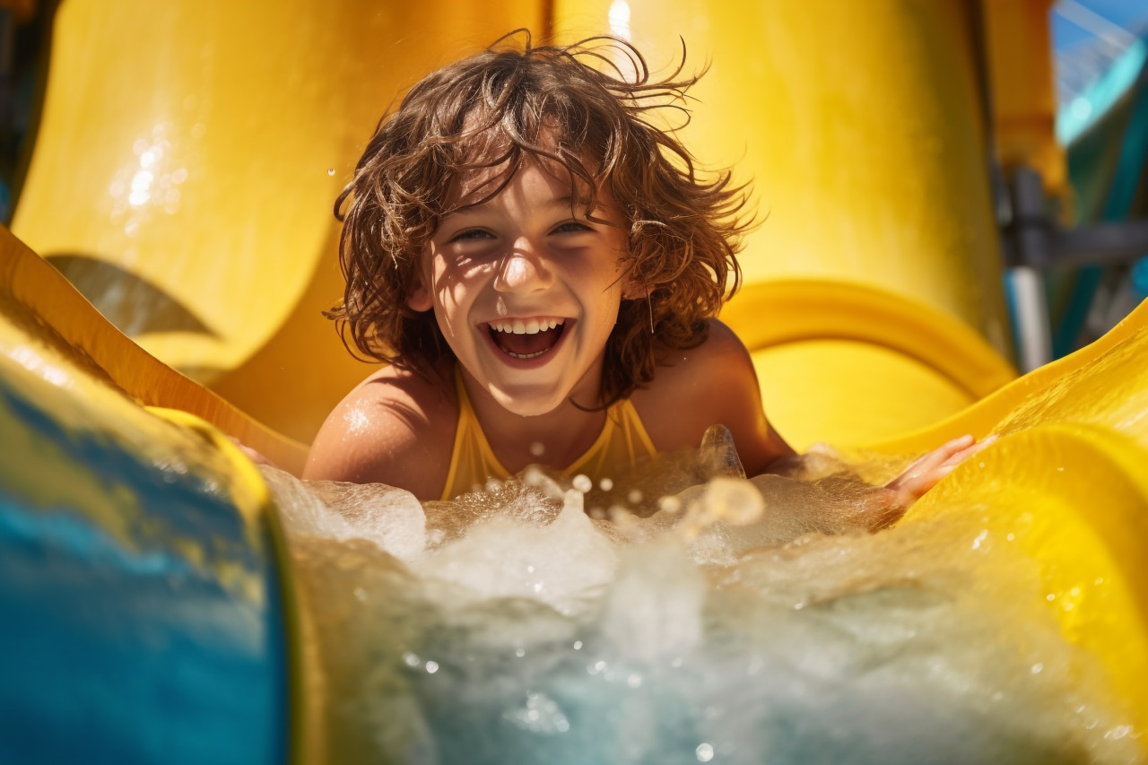 A picture of a joyful kid going down the bright yellow water slide at the water park