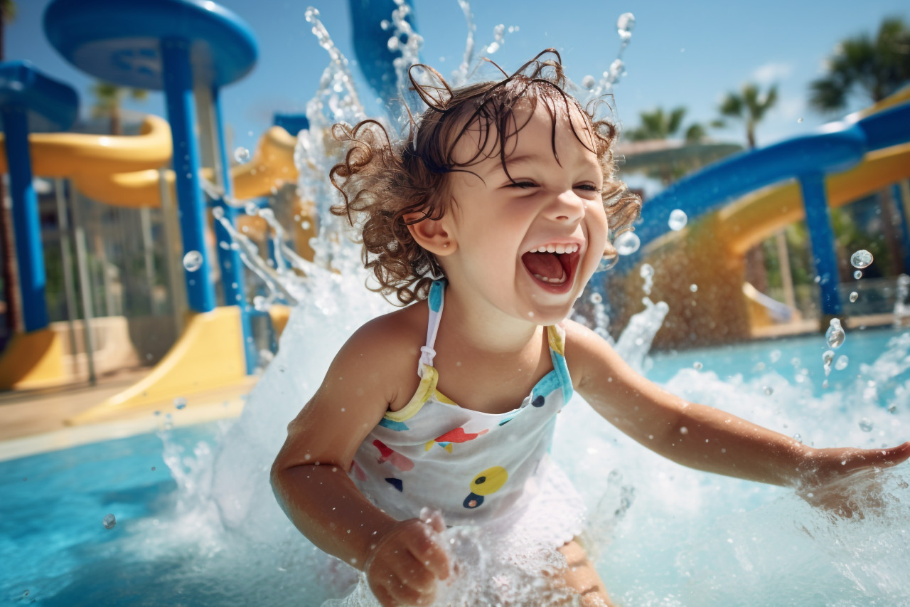 Photo of a happy toddler girl playing in a swimming pool fountain on a summer family vacation