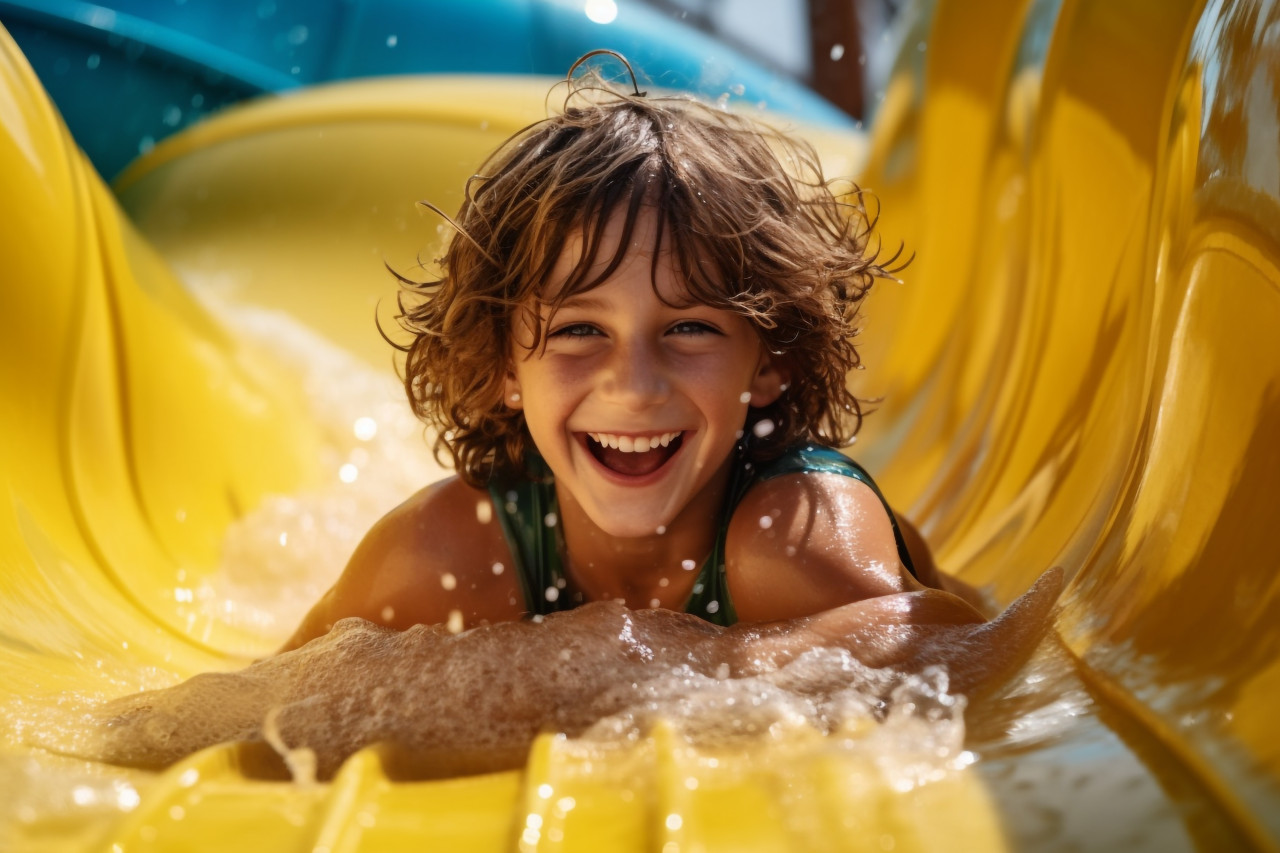 A picture of a joyful kid going down the bright yellow water slide at the water park