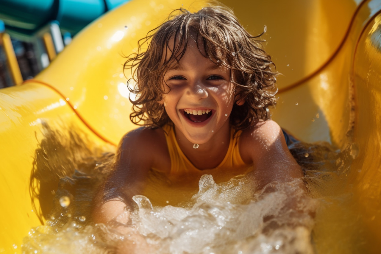 A picture of a joyful kid going down the bright yellow water slide at the water park
