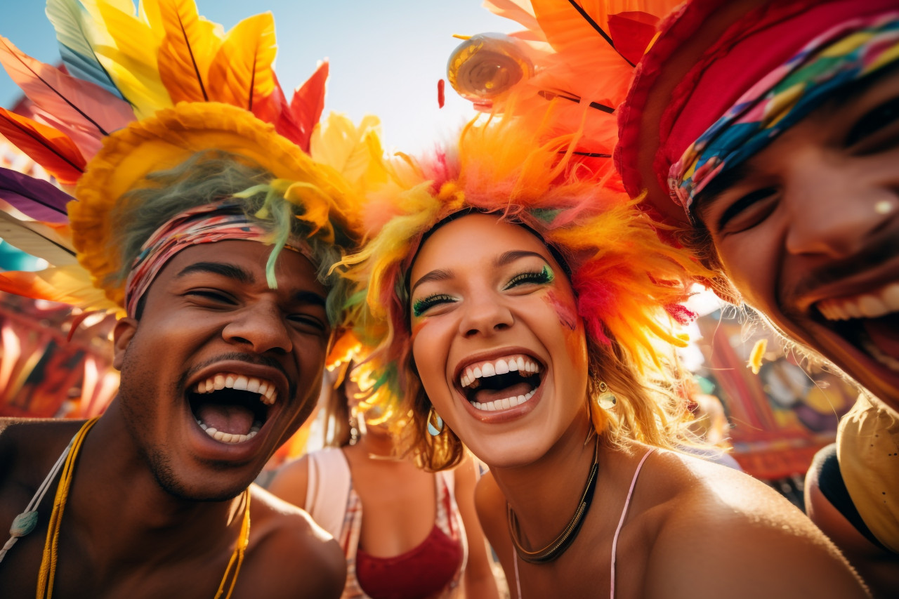 A photo of happy friends having fun at an amusement park festival