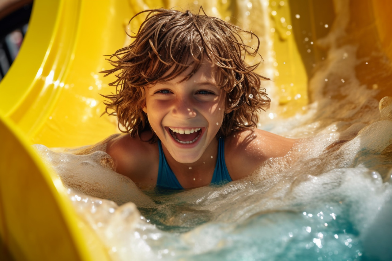 A picture of a joyful kid going down the bright yellow water slide at the water park
