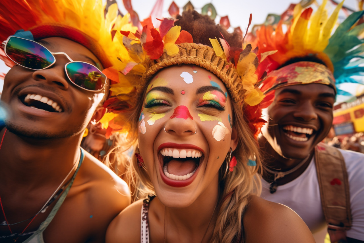 A photo of happy friends having fun at an amusement park festival