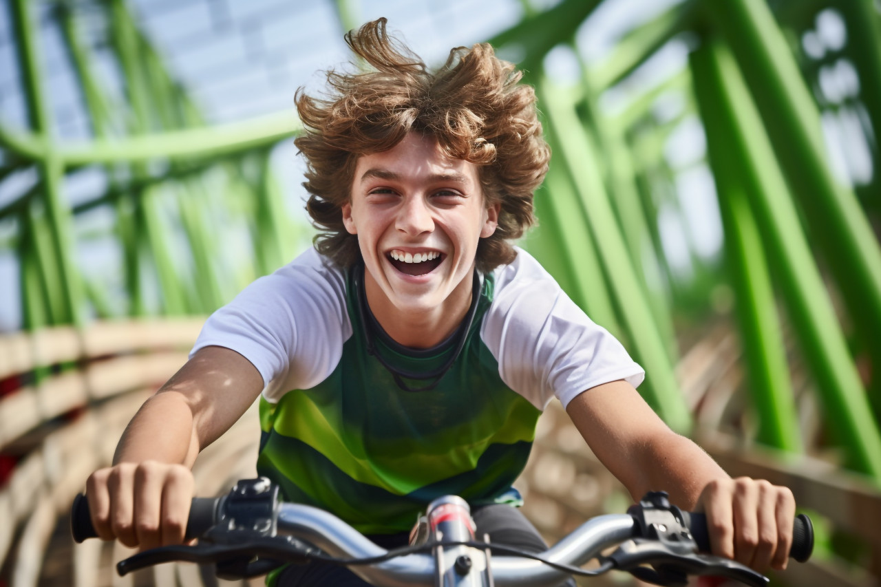 A picture of a happy teenage boy riding a bobsled roller coaster at an amusement park in the summer