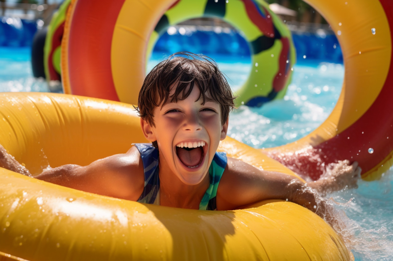 A photo of a happy boy riding inflatable circles on water slides at a water park