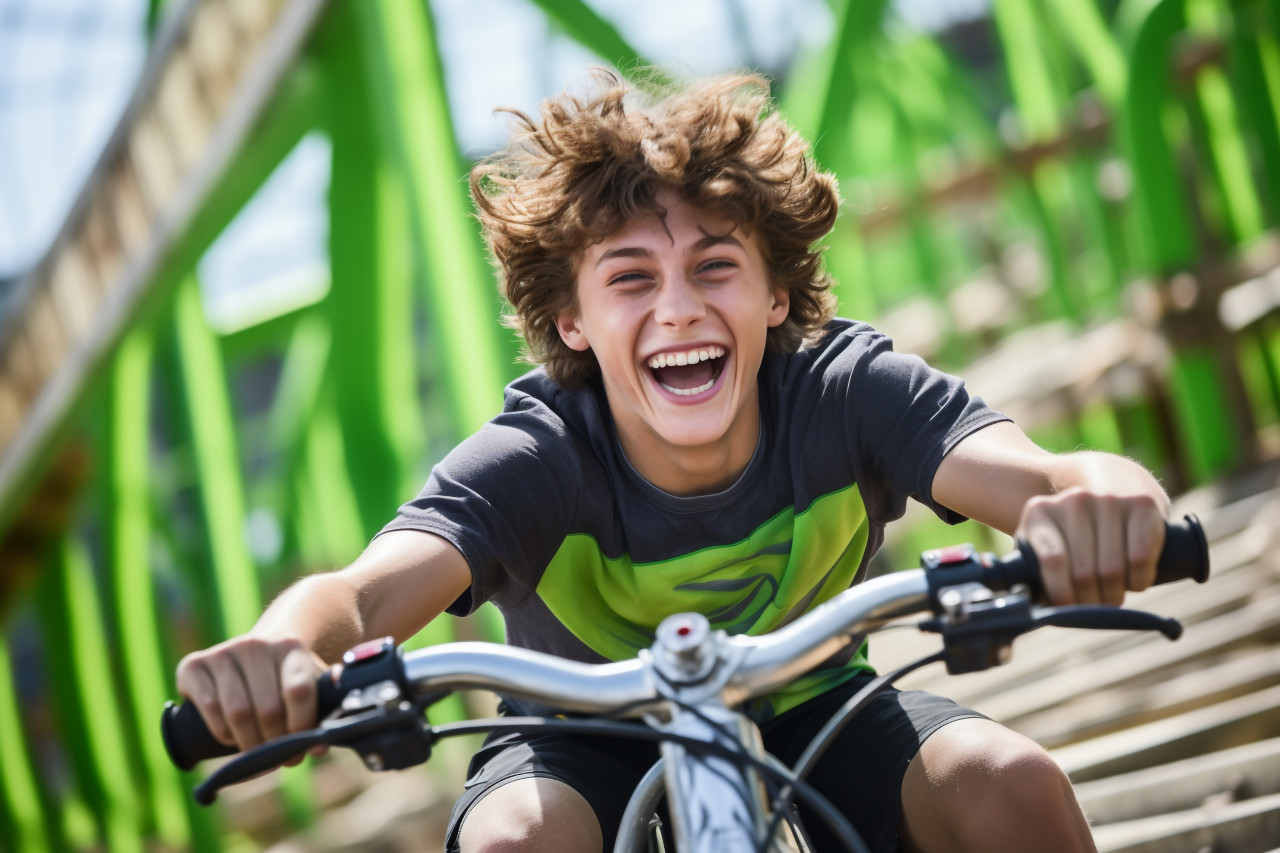 A picture of a happy teenage boy riding a bobsled roller coaster at an amusement park in the summer