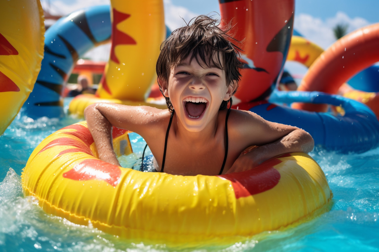 A photo of a happy boy riding inflatable circles on water slides at a water park