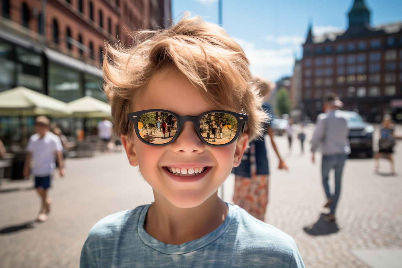 A picture of a young child visiting stockholm with his family in the summer in sweden