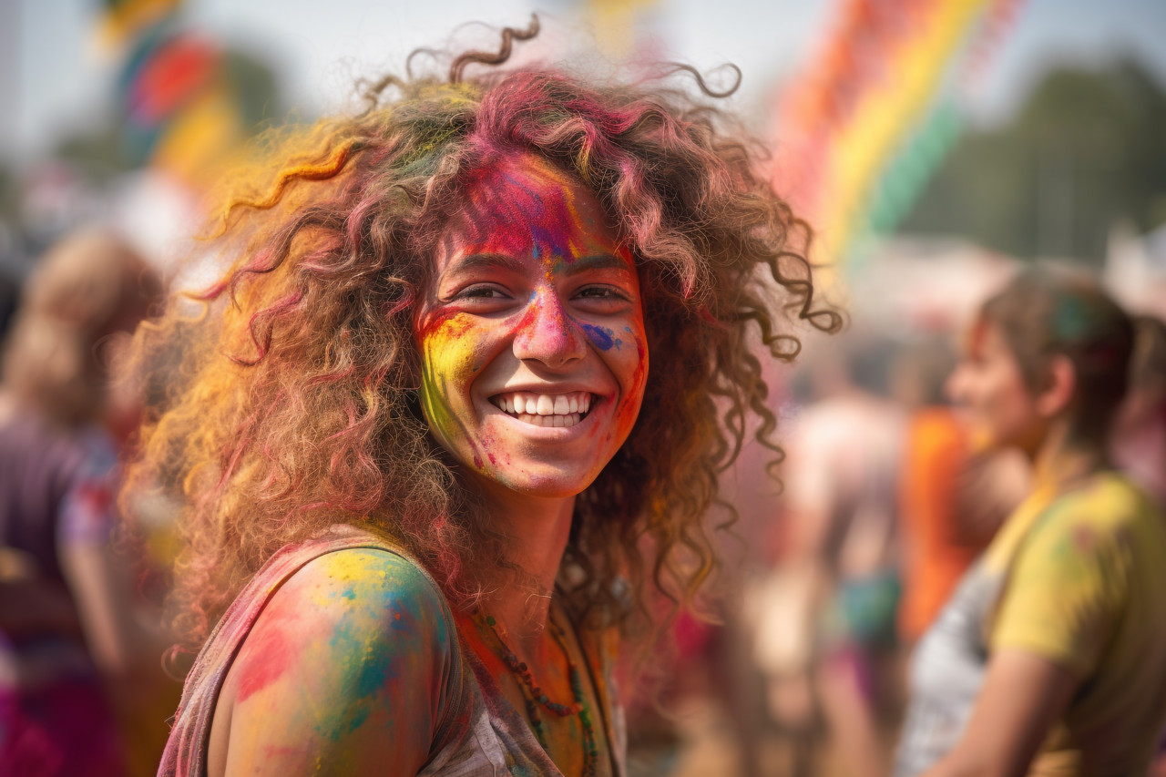 Photo of happy girl at summer holi festival in city park listening to music on vacation