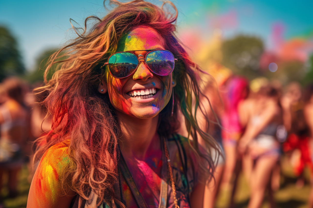 Photo of happy girl at summer holi festival in city park listening to music on vacation