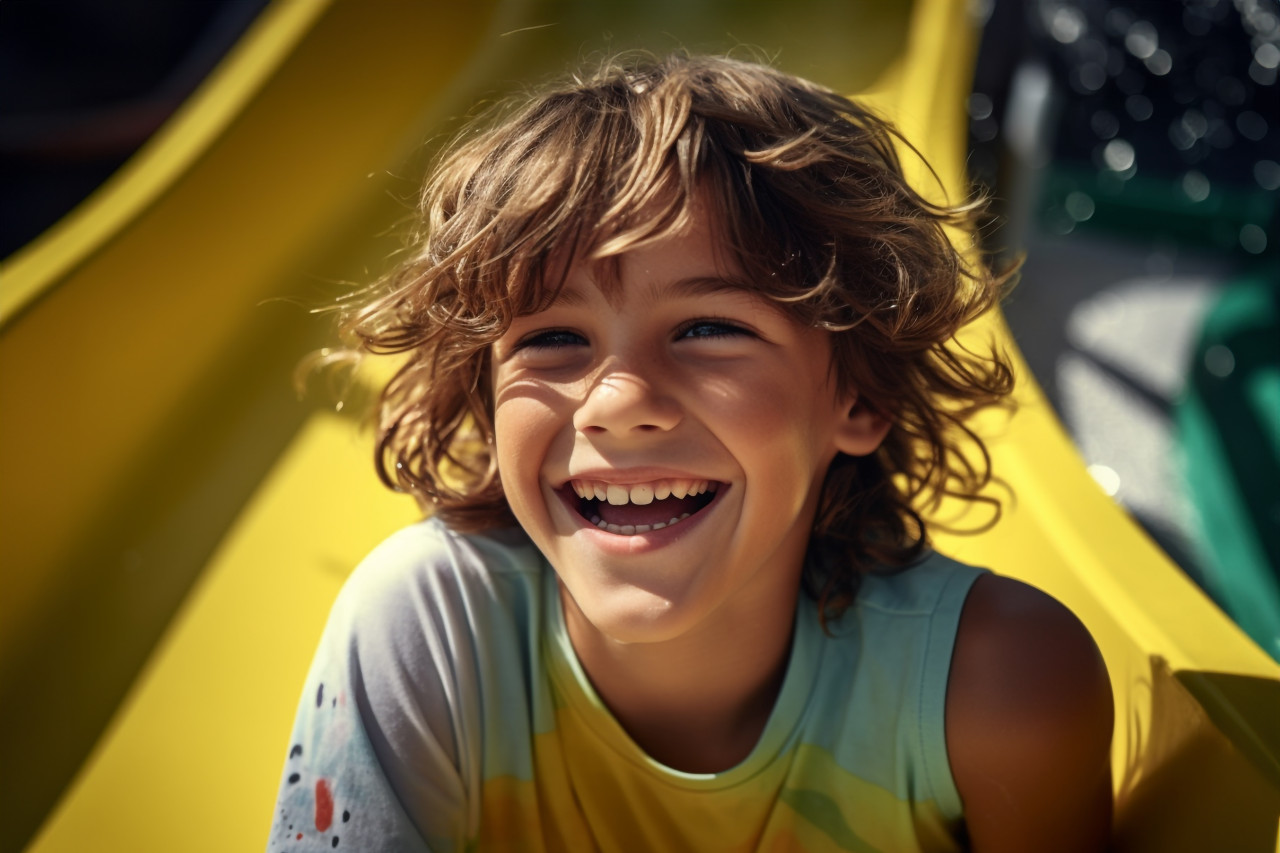 A picture of a joyful kid on a waterslide at an outside waterpark
