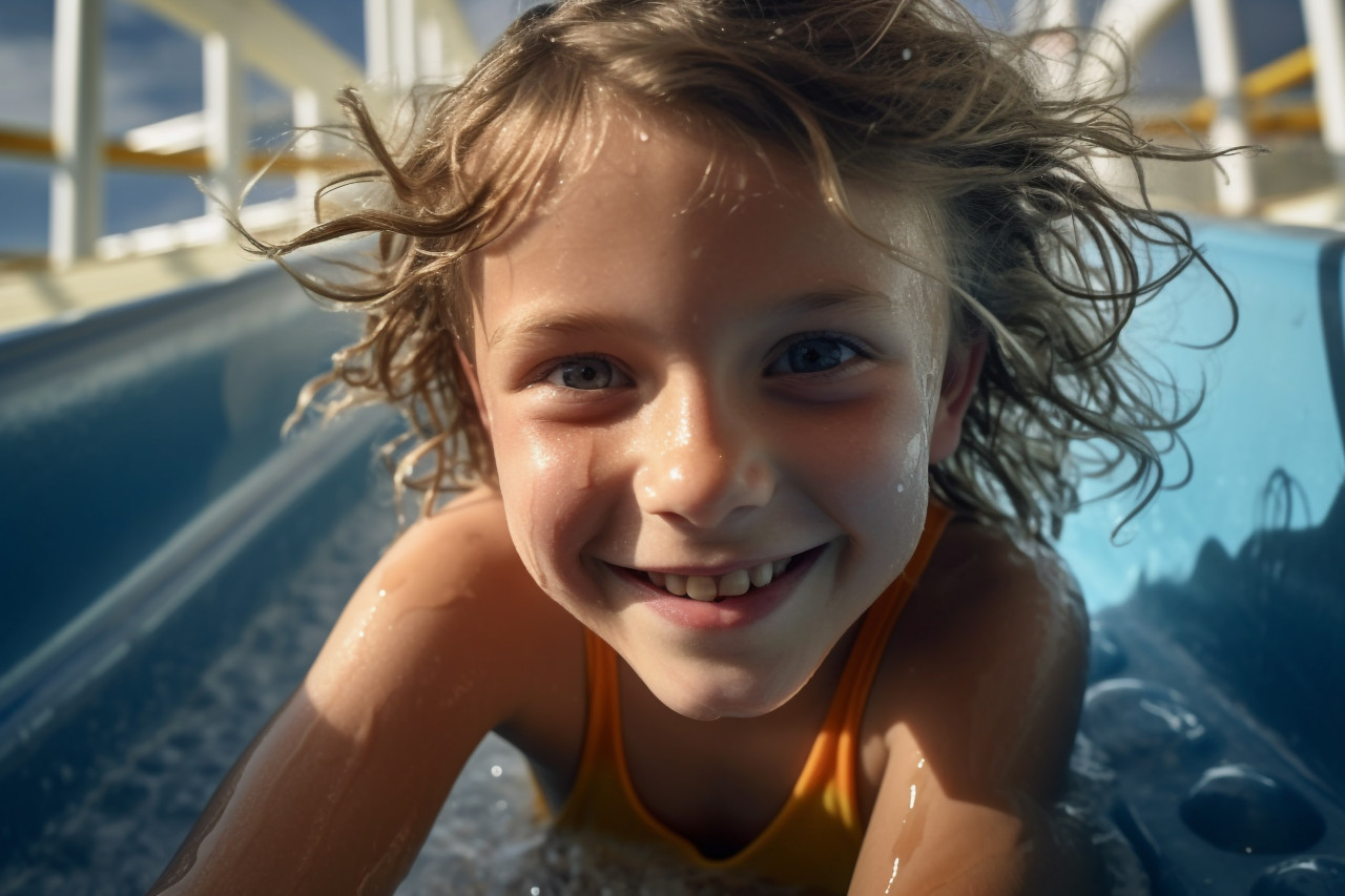 Picture of a small child going down a water slide at a water park on her summer vacation